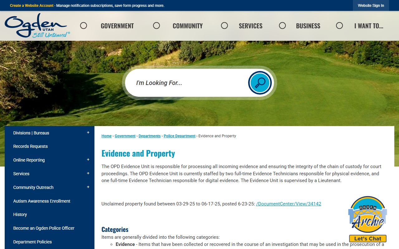 Ogden Police Department Evidence and Property Unit for Ogden unclaimed money items