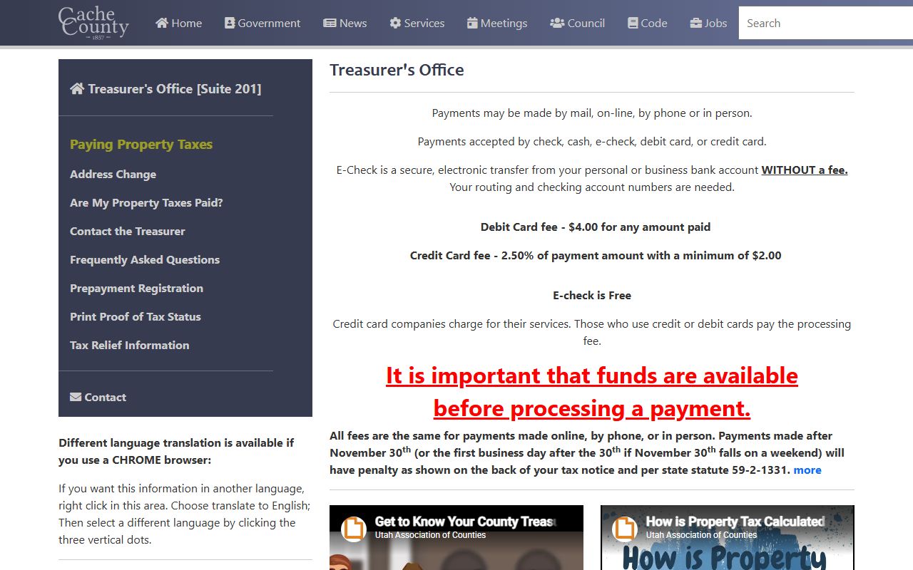 Cache County Treasurer official website for property tax and county financial records