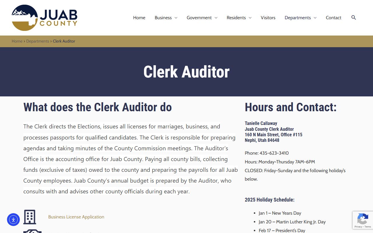 Juab County Clerk Auditor official page for records and administration