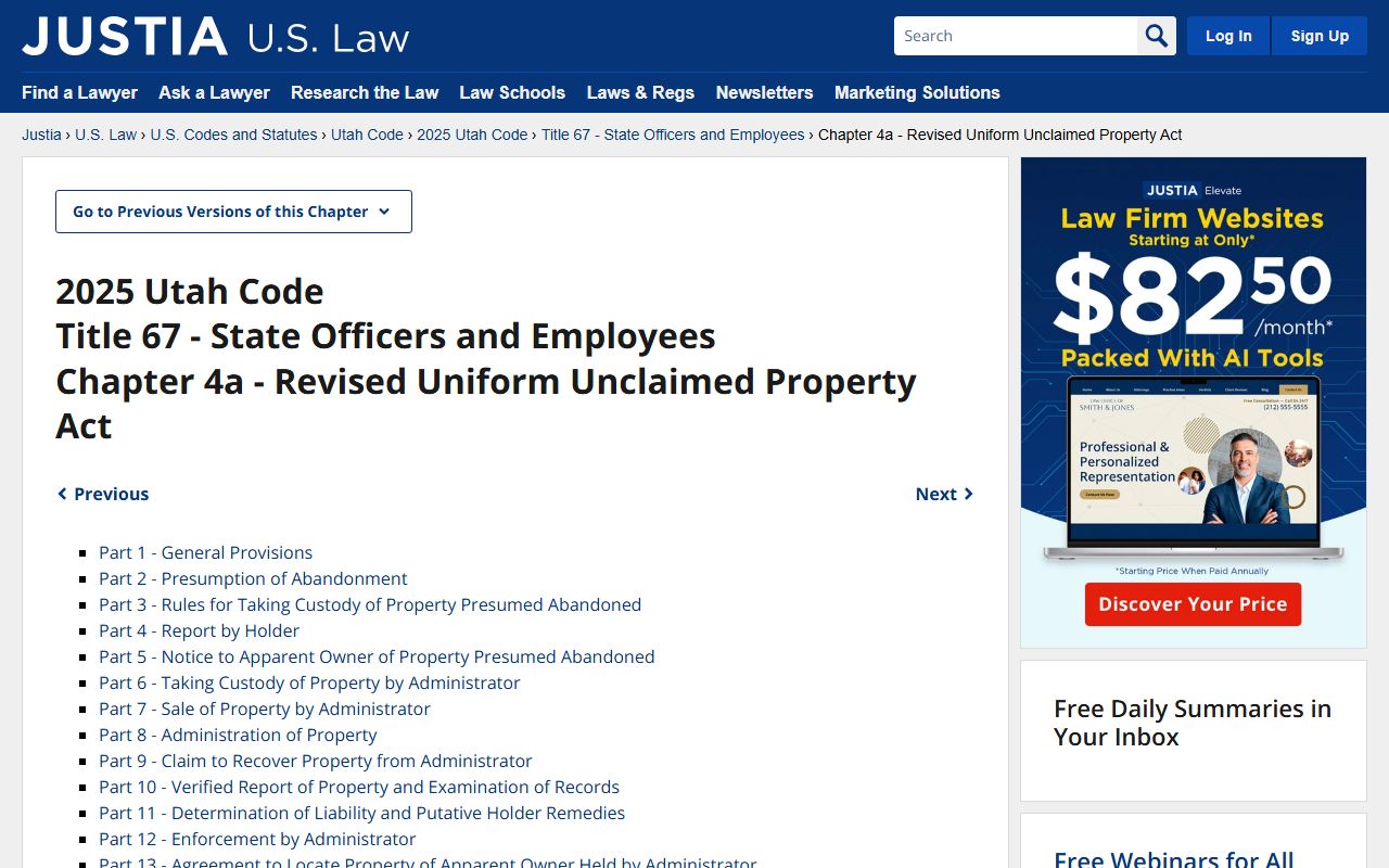 Utah Code Title 67 Chapter 4a Revised Uniform Unclaimed Property Act statutes
