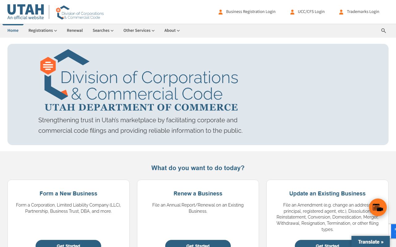 Utah Department of Commerce Division of Corporations business registry search